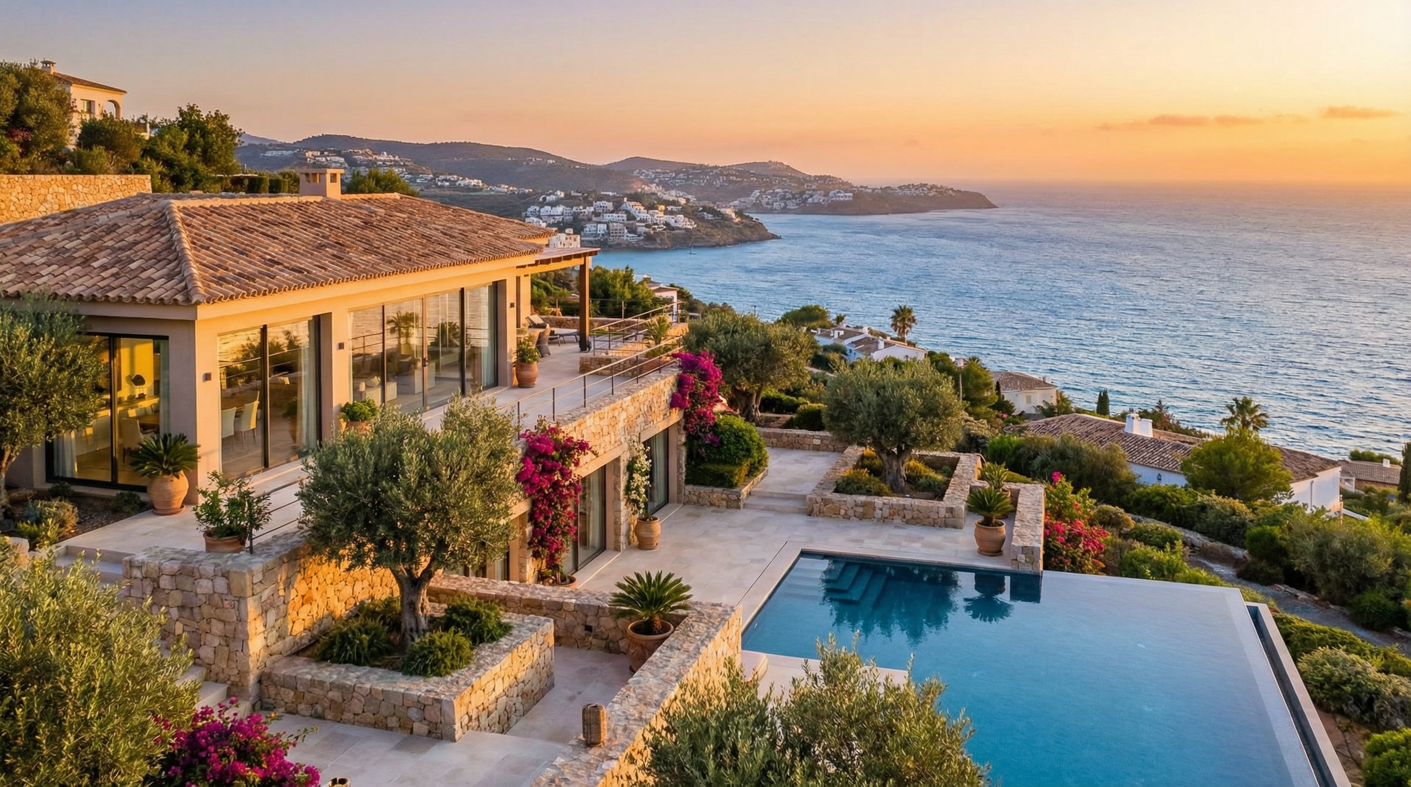 Moderne mediterrane Villa an der Costa del Sol mit Blick auf das glitzernde Mittelmeer, Terrakotta-Dach und Infinity-Pool.