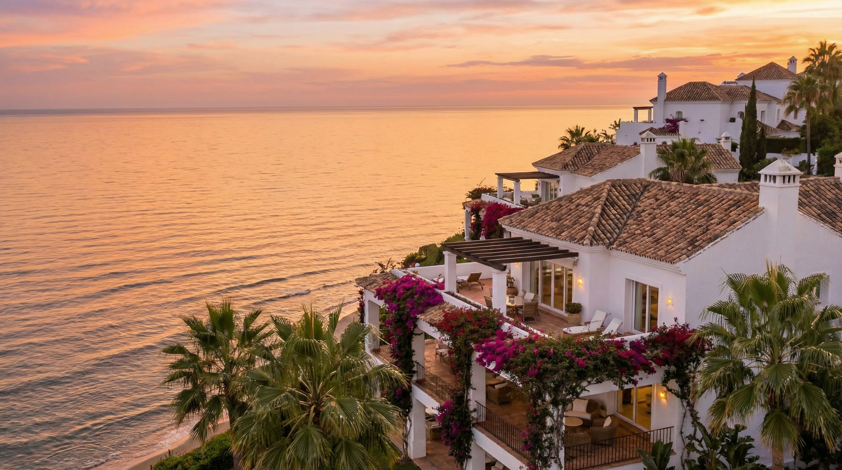 Ein ruhiges Küstenbild bei Sonnenuntergang an der Costa del Sol mit luxuriösen Villen und dem mediterranen Meer im Hintergrund.