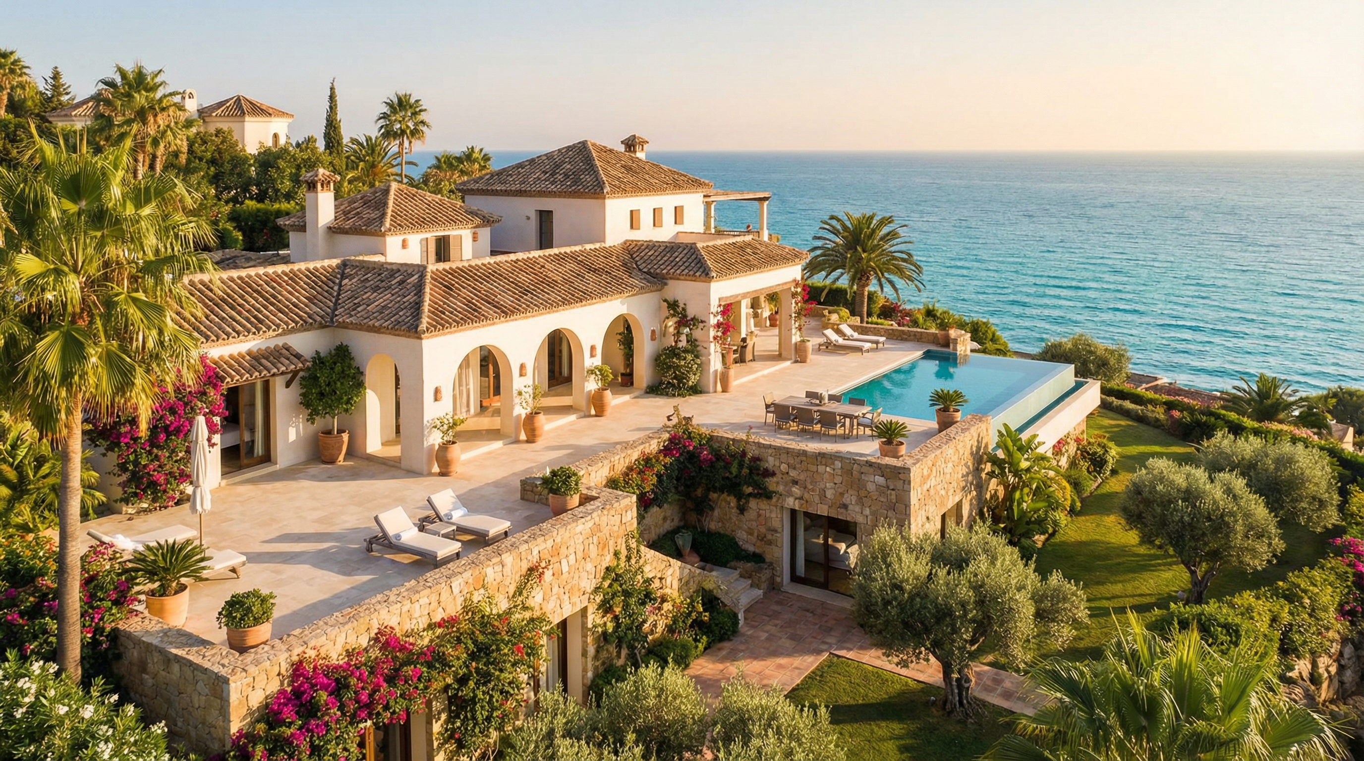 A luxurious villa in Costa del Sol with Mediterranean architecture, surrounded by gardens and palm trees, overlooking the sparkling sea.