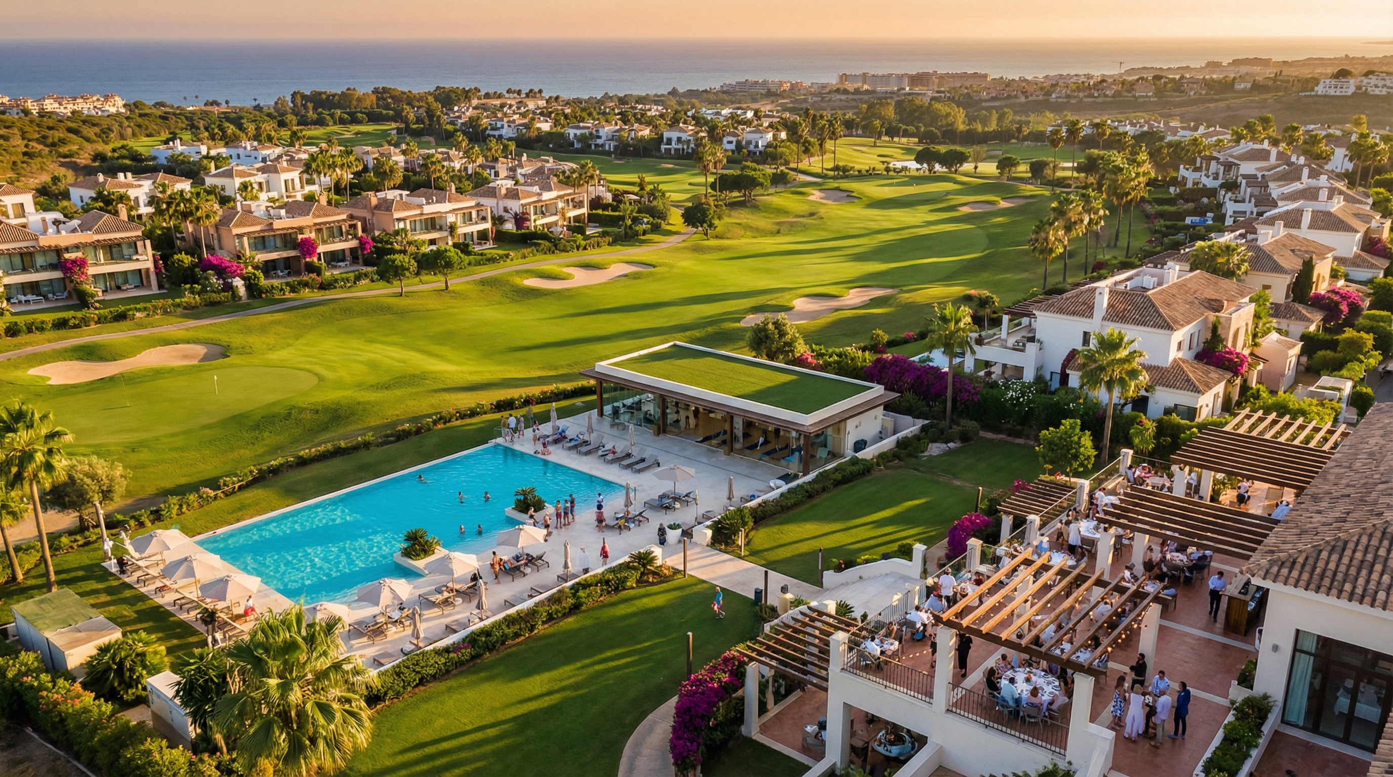 Aerial view of a luxurious golf resort on the Costa del Sol, featuring manicured greens, modern villas, and vibrant landscapes bathed in golden hour sunlight.