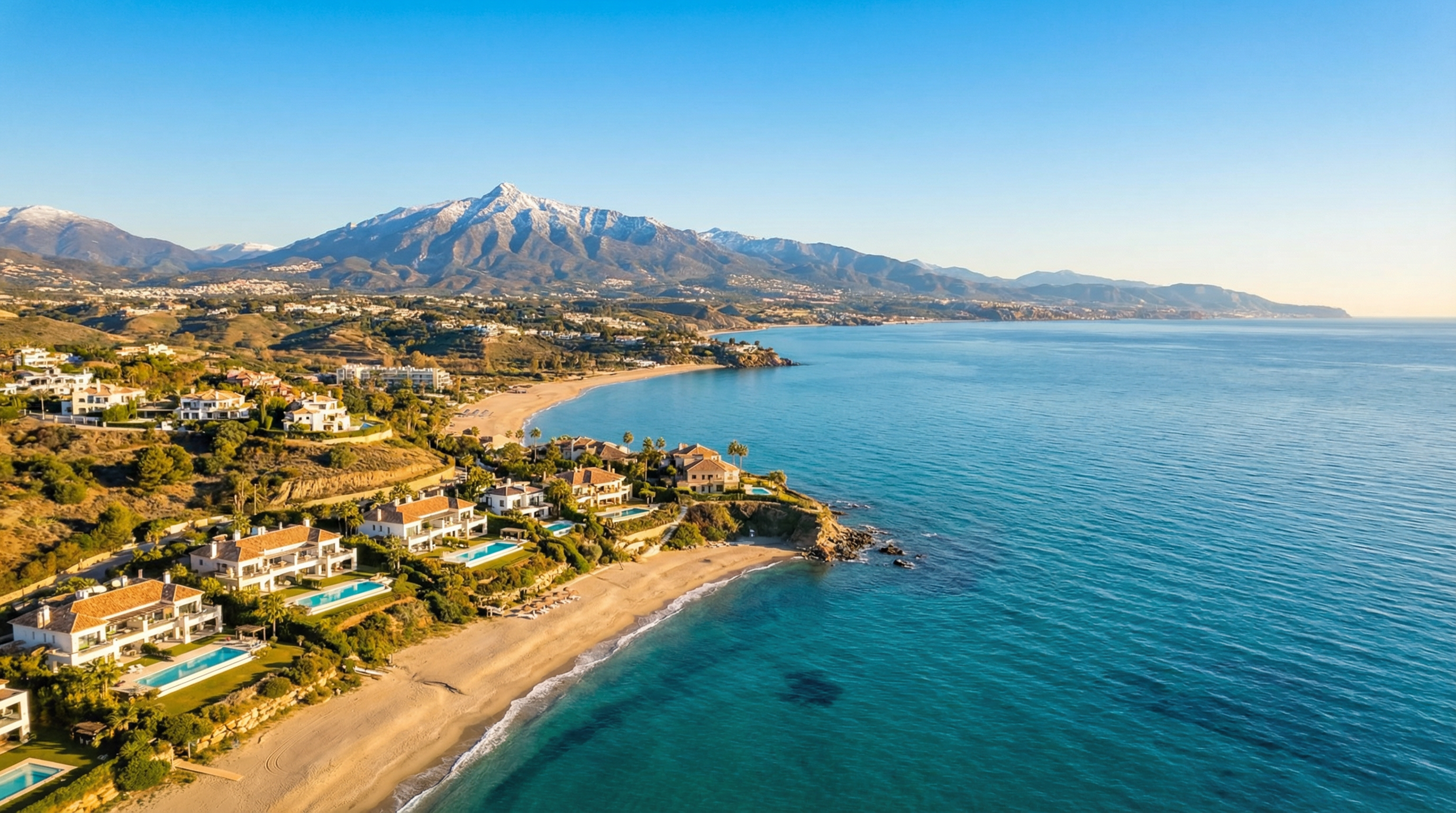 Aerial view of the Costa del Sol coastline, featuring sandy beaches, Mediterranean sea, snow-capped Sierra Nevada mountains, and luxury villas.
