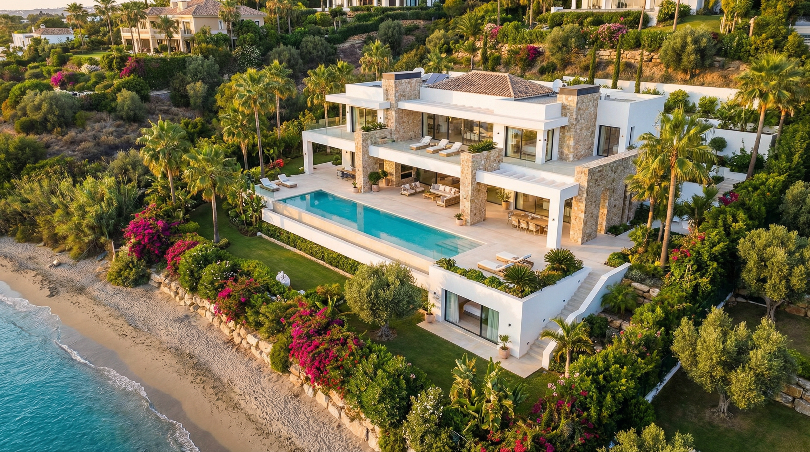 Aeralny widok nowoczesnej willi w stylu śródziemnomorskim na wzgórzach Costa del Sol, otoczonej palmami i kwiatami, z widokiem na plażę.