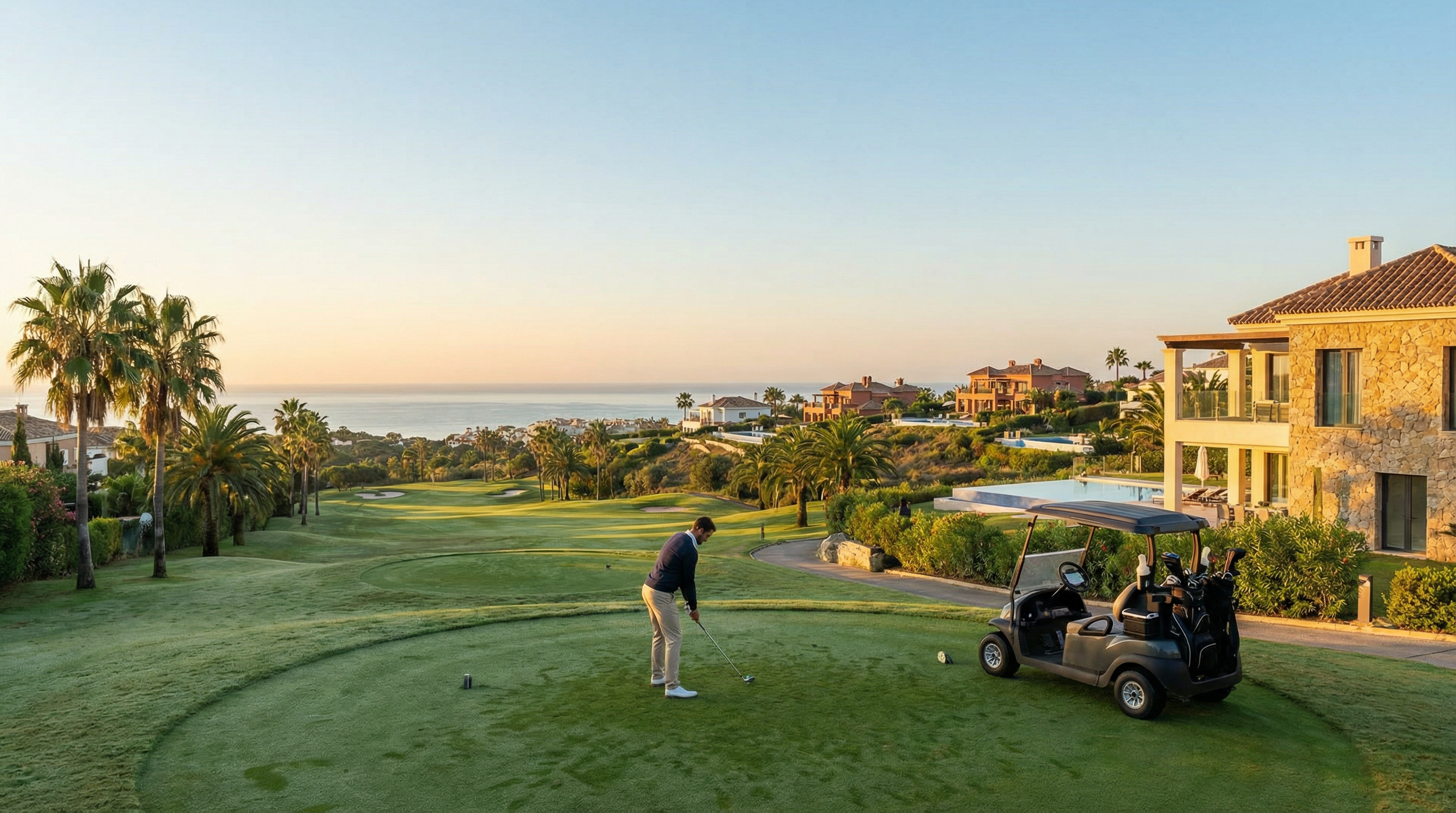 Elegancki krajobraz luksusowego pola golfowego na Costa del Sol o wschodzie słońca, z palmami, golfowym wózkiem i widokiem na Morze Śródziemne.