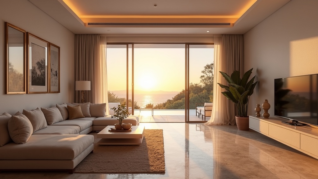 Vinter i solen: Lyxig Costa del Sol-vardagsrum med solnedgång, modern design, och terrass. Jämför bekvämlighet.