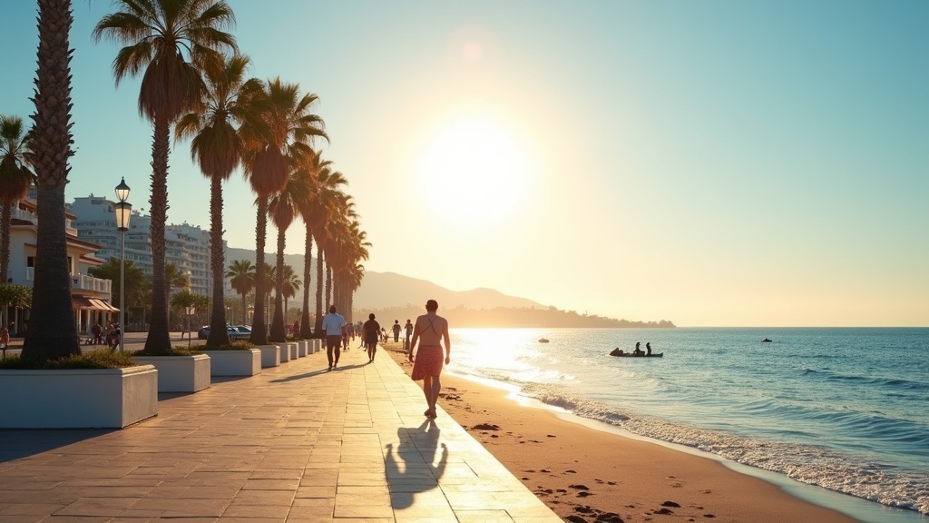 Genieten van de zonuren Costa del Sol: sfeervolle strandpromenade met palmbomen en de Middellandse Zee.