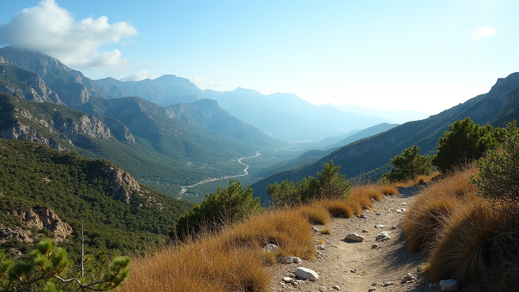 Panorámás ingatlanok Costa del Sol mediterrán táj: Sierra Blanca hegyek, napsütötte túraútvonal, idilli életérzés.