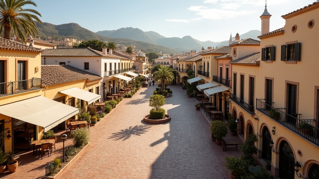 Lenyűgöző természet és város harmóniája Costa del Solon: spanyol plaza, étkezők, délutáni fény.