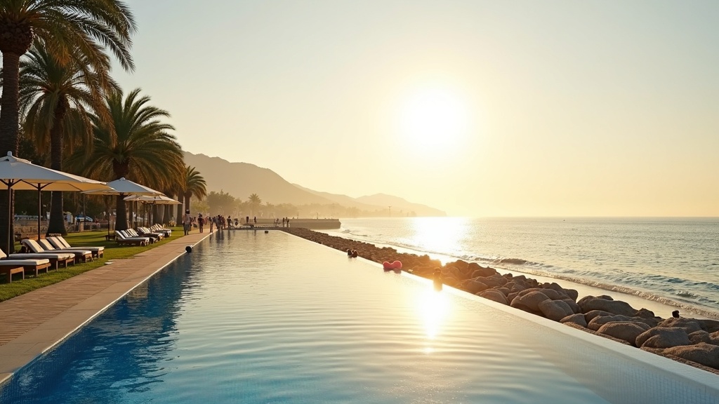 Solrig strandpromenade i Costa del Sol ved daggry, inspirerende solskinstimer pr. dag Costa del Sol.