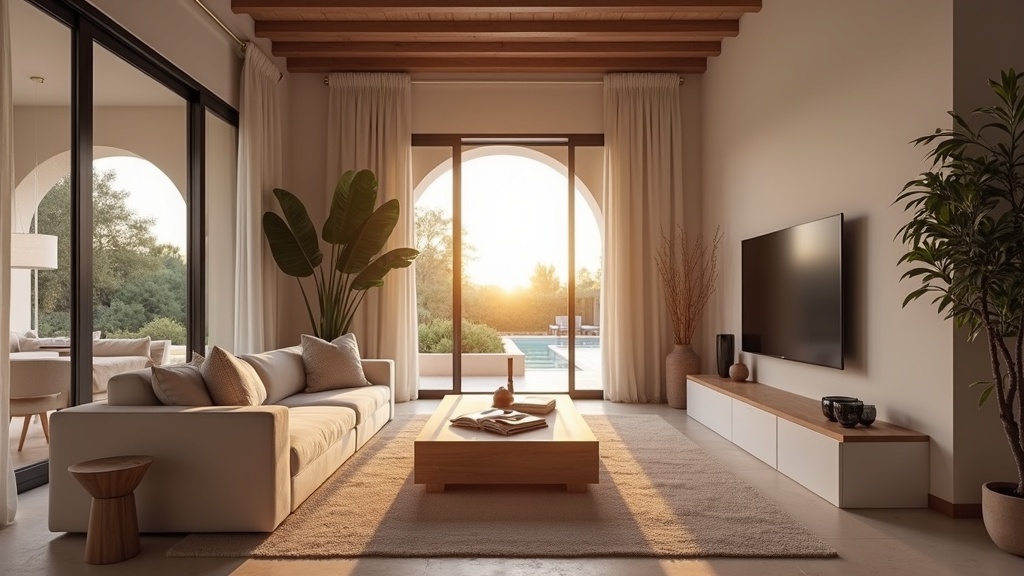Luxurious Costa del Sol living room with sunset glow, showcasing an ideal climate for senior leisure.