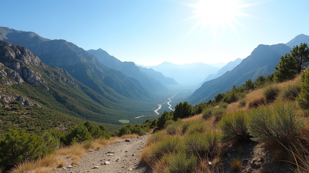 Sierra Blanca mountains & hiking trails under bright sun, hinting at thalassoterapia Costa del Sol's revitalizing lifestyle.