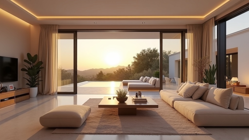 Villas avec vues montagneuses Costa del Sol: Salon luxueux, design espagnol contemporain, lumière naturelle, accès terrasse.