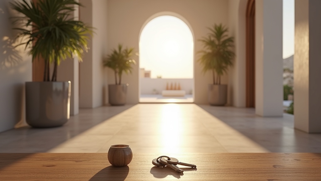 Clés sur table: propriété moderne prête à emménager, reflétant sécurité et tranquillité résidentielles Costa del Sol.