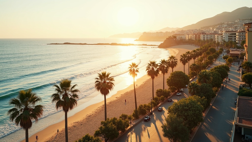 Promenade côtière ensoleillée de la Costa del Sol, palmiers et mer scintillante, illustrant le doux climat méditerranéen.