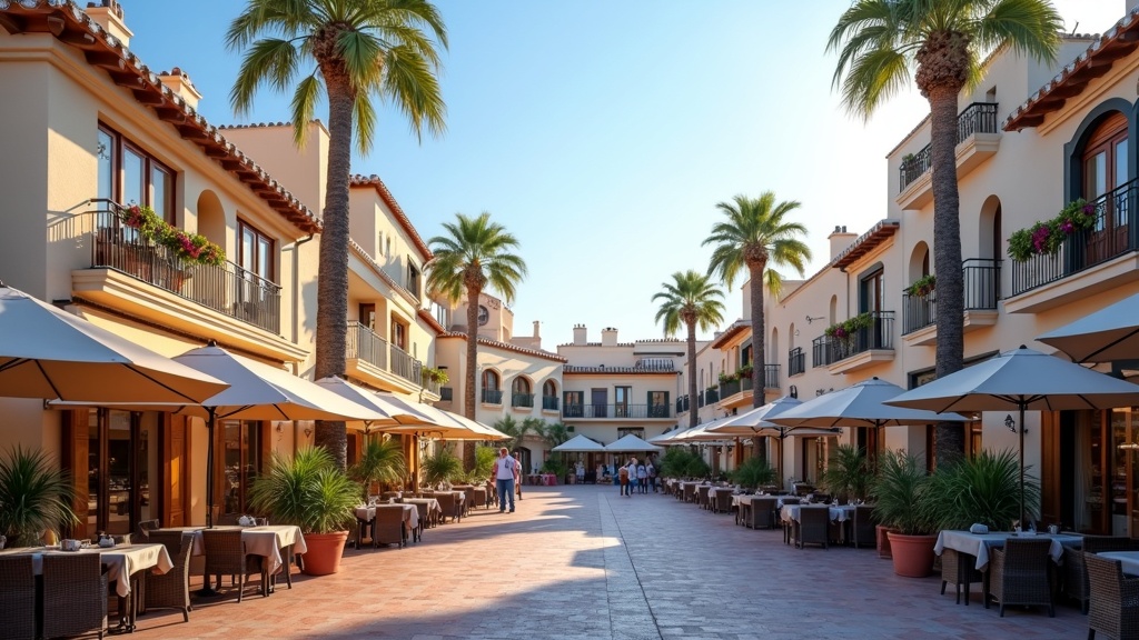 Place méditerranéenne ensoleillée matin, reflétant les températures douces Costa del Sol et une vie plaisante.