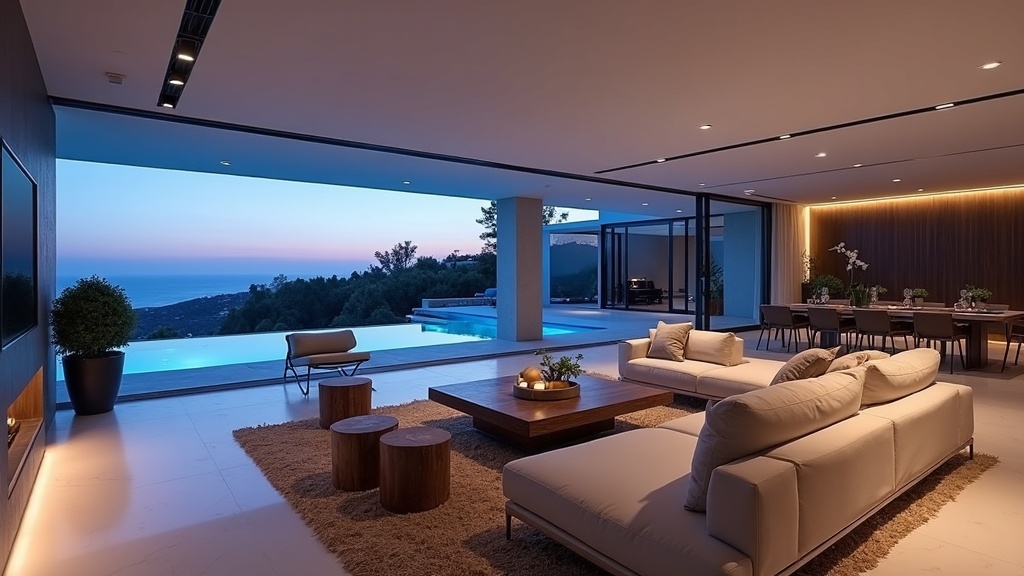 Intérieur luxueux Costa del Sol : salon moderne et lumineux au crépuscule, parfait quelle que soit la saisonnalité climat Costa del Sol.