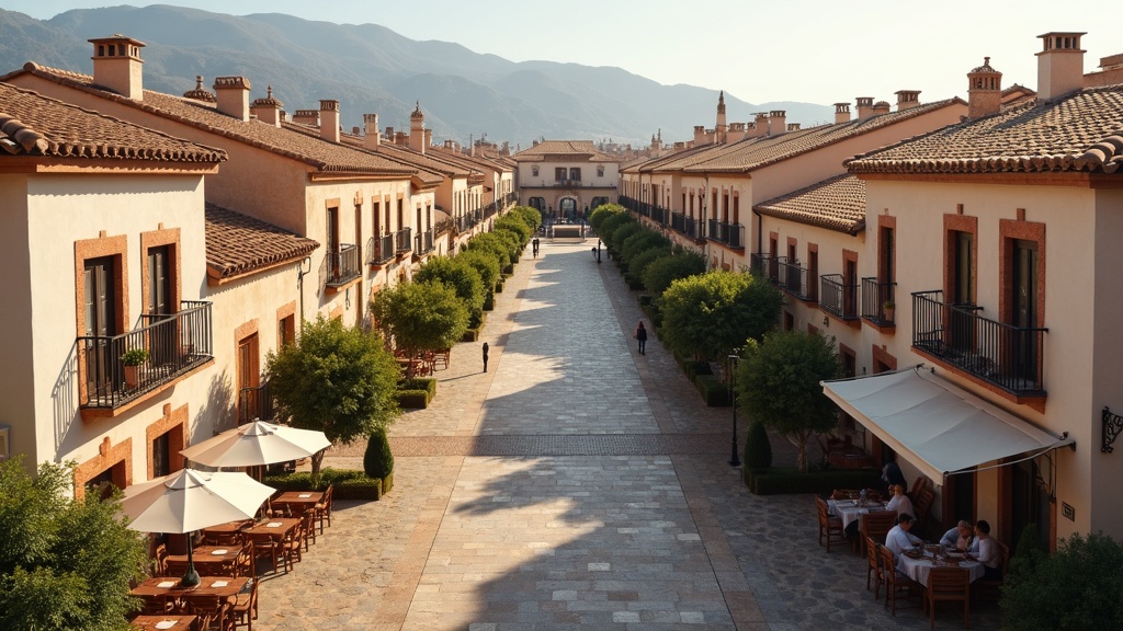 Pezsgő tengerparti sportélet Costa del Sol téli tartózkodás idején: hangulatos spanyol városi tér délutáni fényben.