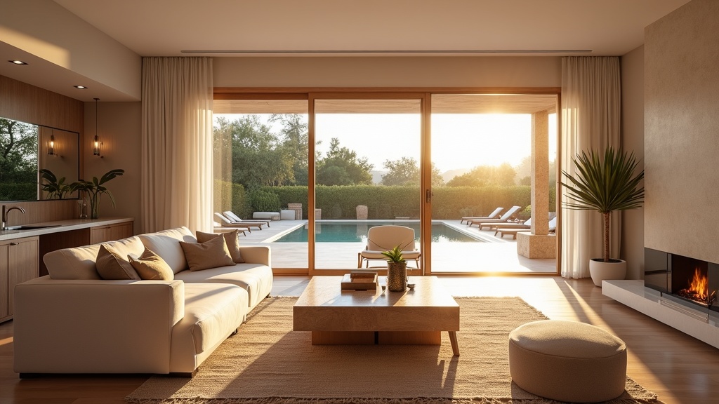 Andalúz luxus belső tér Costa del Solon: strandélet, promenádok, jóga a parton. Tágas, napfényes nappali.