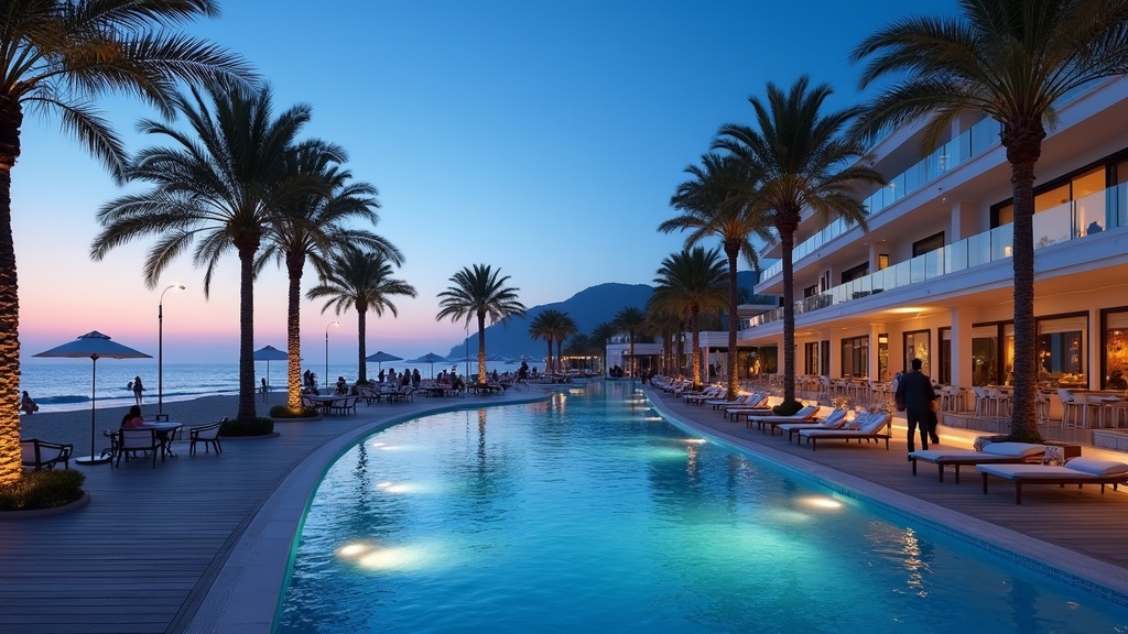 Costa del Sol wellness: Tranquil twilight walk on a beach promenade with palm trees and Mediterranean Sea, inspiring healthy coastal lifestyle.