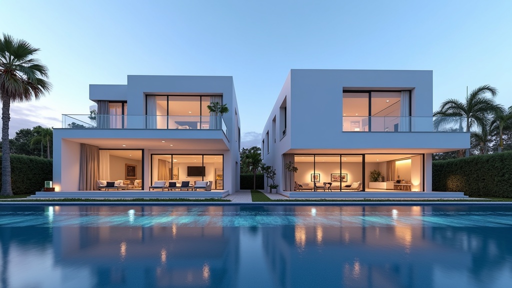 Costa del Sol luxury wellness comparison: Sleek modernist properties at sunrise, highlighting architectural and interior differences.