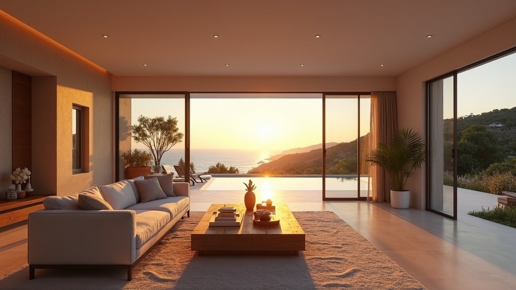 Spacious Costa del Sol wellness property living room with sunset glow, contemporary design, and terrace access.