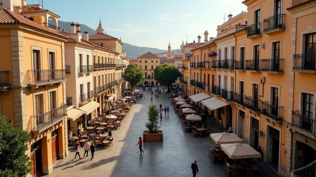 Málagas charmerende kystklima, mild vinter og behagelig sommer Costa del Sol. Spansk plaza, traditionel arkitektur, udeservering.