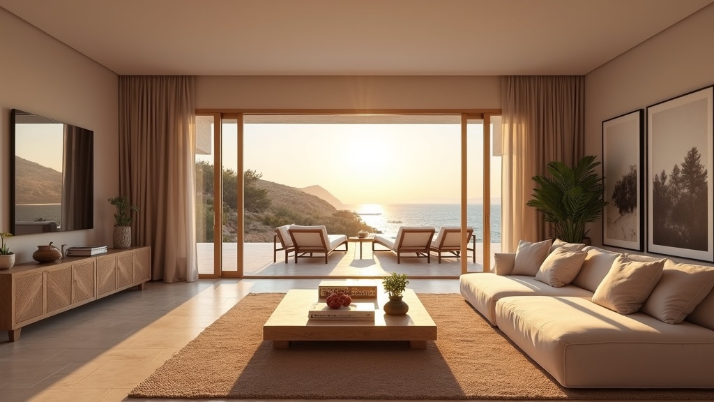 Luxurious Estepona living room with sunset views, reflecting Torremolinos Fuengirola Estepona sol og sundhed Costa del Sol property comparisons.