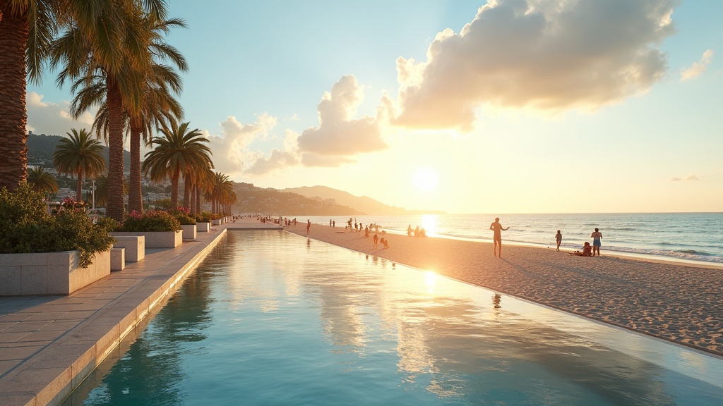 Luonnonläheinen asuminen Costa del Solilla: Aamuinen rantaelämää palmujen alla, rannikolla kävelyä ja merta.