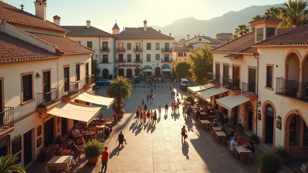 Viehättävä espanjalainen aukio, joka herättää mielikuvan moderneista asuinalueista vihreässä ympäristössä Costa del Solissa.