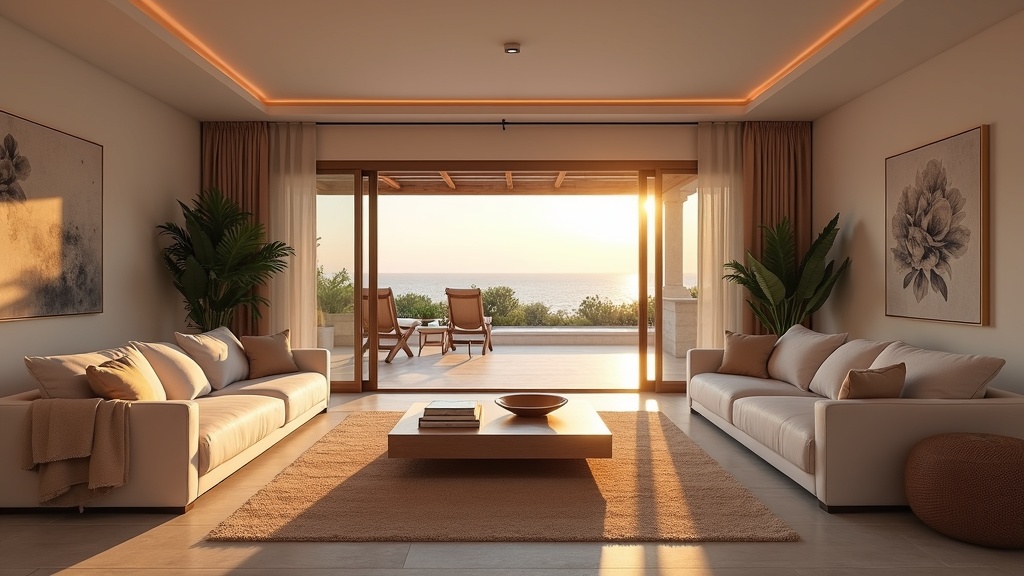Andalusian luxury living room, Costa del Sol – lyhyt ajomatka luontoon Costa del Sol. High-end finishes, sunset glow, terrace access.