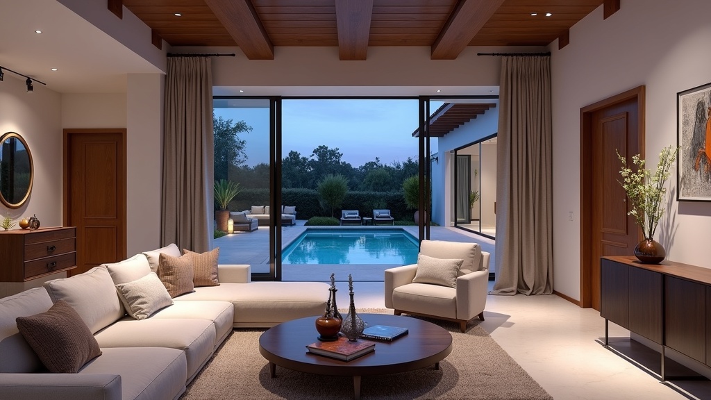 Ulkona rentoutuminen Costa del Sol: tilava oleskelutila, luksuskiinteistön sisustus, iltavalo, vertailu.