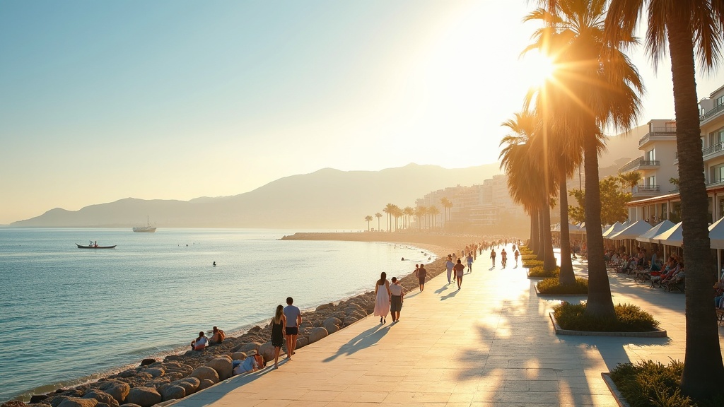 Dlaczego kupować na Costa del Sol? Słońce, plaża i palmy: nadmorski spacer o poranku na Costa del Sol.