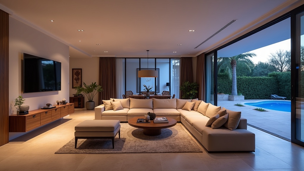 Luksusowa nieruchomość Costa del Sol: przestronny salon z nowoczesnym wyposażeniem i dostępem do tarasu.