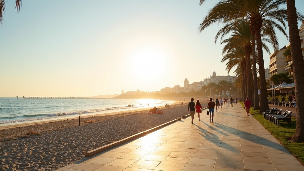 Coastal lifestyle in Costa del Sol: People stroll on a sun-drenched beach promenade with palm trees, feeling the soltimer per dag Costa del Sol.