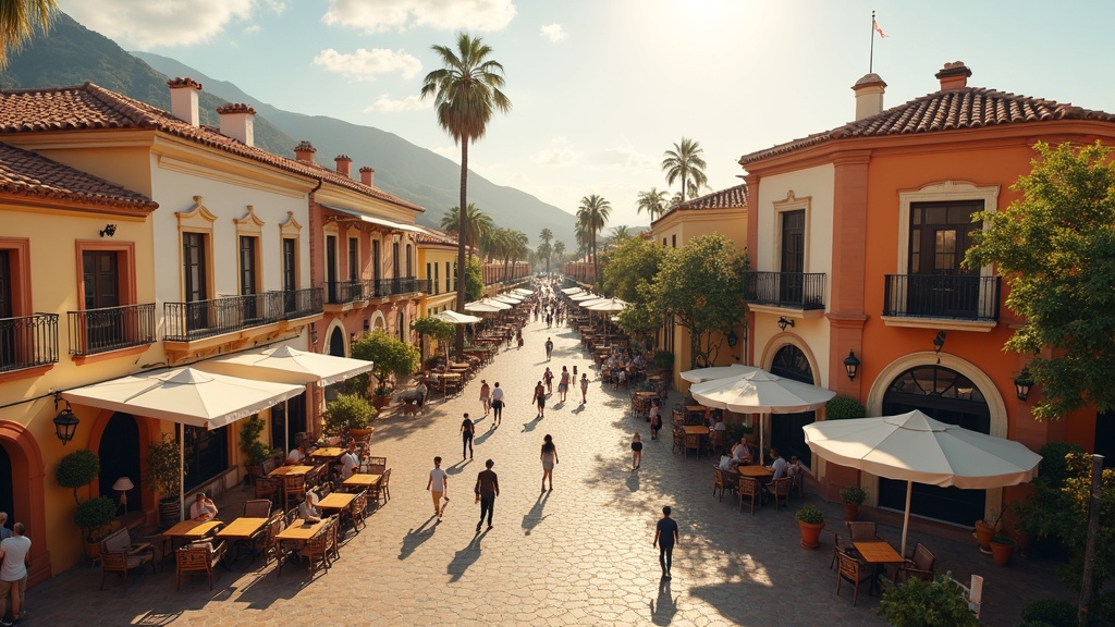Charming Costa del Sol plaza with outdoor dining, showcasing the lifestyle benefits of mikroklima i Andalucía Costa del Sol.
