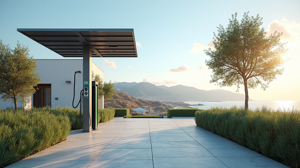 Modern EV charging station with solar canopy near luxury homes. Sierra de Mijas and golden beaches at sunrise; ideal Costa del Sol climate for UK residents.