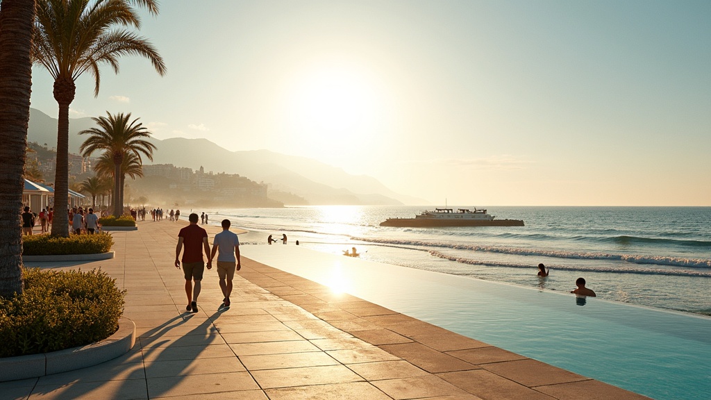 Coastal lifestyle on Costa del Sol promenade, inspiring Golf Courses and Value on Investments Costa del Sol. Golden morning light, people stroll by the Mediterranean Sea.