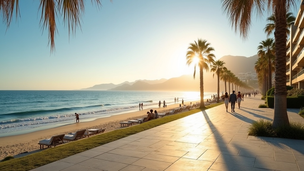 Experience wellness Costa del Sol: Golden morning light on a bustling beach promenade with palm trees, Mediterranean sea views.