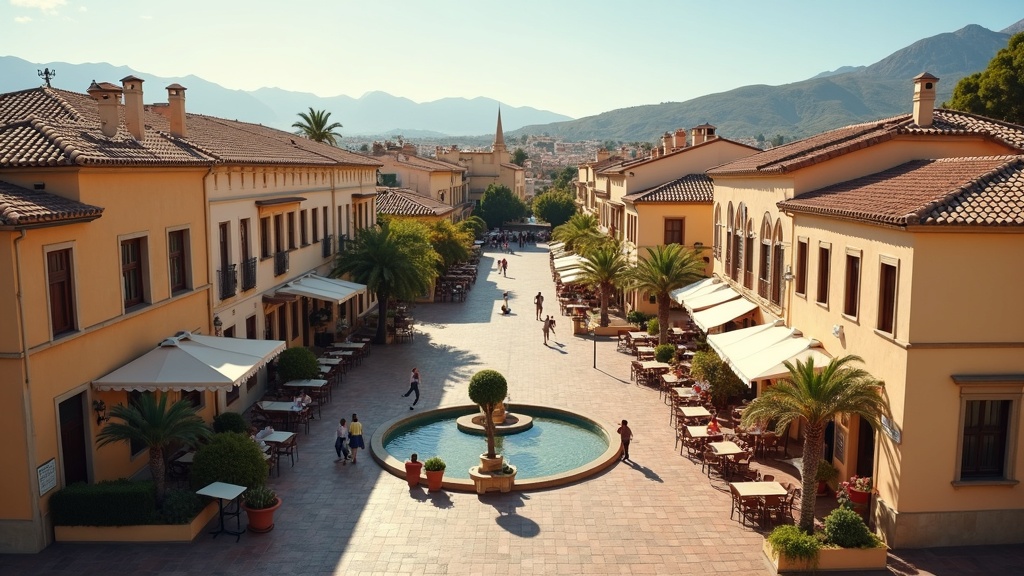 Spanish plaza lifestyle, Ökosystem Costa del Sol Natur Andalusien, traditional architecture, outdoor dining, soft light.