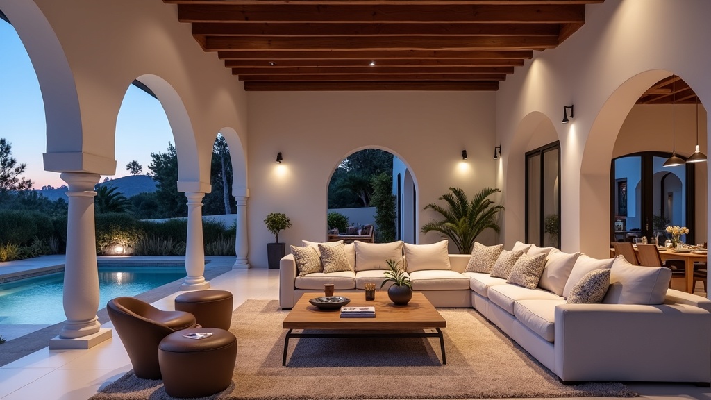 Nachhaltige Neubauprojekte Costa del Sol Natur: Geräumiges Wohnzimmer, blaues Abendlicht, Terrasse, Luxus-Interieur.