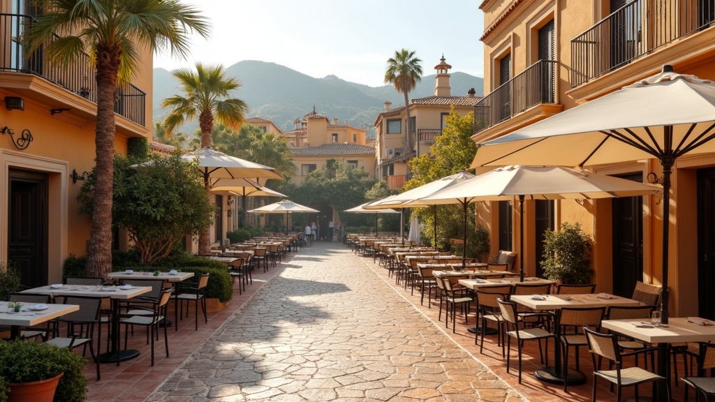 Charming Costa del Sol plaza, sun-drenched and vibrant. Experience the terapeutisk klima Costa del Sol lifestyle.