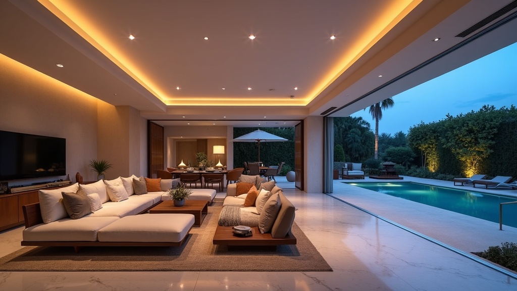 Luksuriøst oppholdsrom, naturlig ionisering Costa del Sol: Kveldssol belyser elegant interiør for optimal velvære.