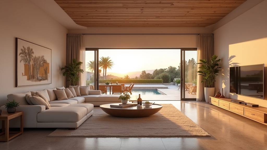 Lekker stue i luksusbolig på Costa del Sol, solnedgang, moderne møbler - ideelt for stressreduksjon Costa del Sol.