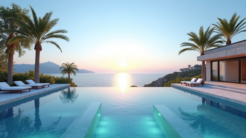 Luxury Costa del Sol property, sea view, infinity pool, palm trees. Highlighting amazing Málaga Airport connections UK Ireland for dream living.