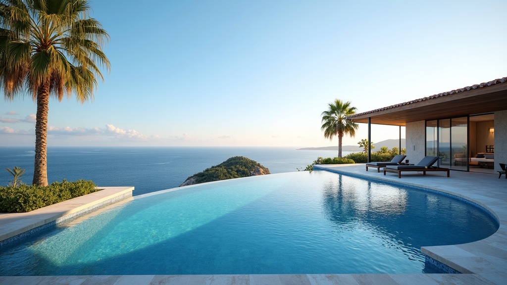 Luxury Mediterranean home with sea view, infinity pool, palm trees. Costa del Sol accessibility retirees Málaga Airport dream lifestyle.