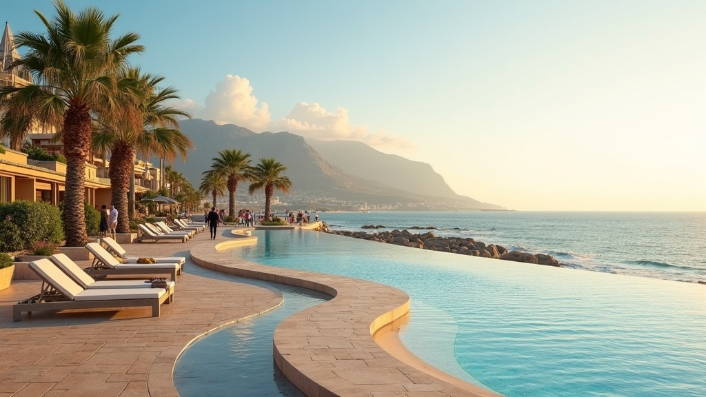 Njut av en grön livsstil nära naturen Costa del Sol, med bergsområden och palmkantad strandpromenad i gyllene morgonljus.