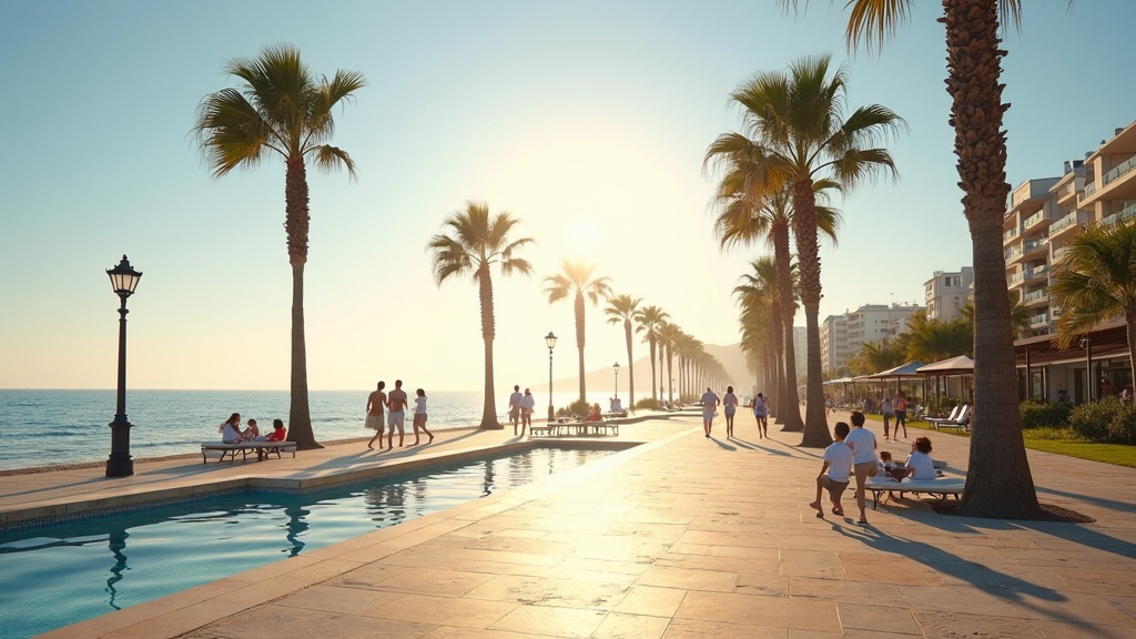 what are ocupas in Spain? Enjoy Costa del Sol's coastal lifestyle: sunny beach promenade, palm trees, and Mediterranean Sea.
