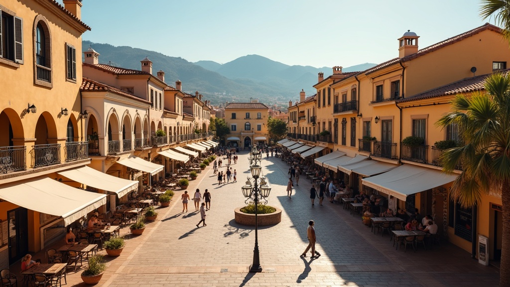 Charming Costa del Sol town square with outdoor dining, showcasing the lifestyle amidst beautiful middelhavsplanter og trær Costa del Sol.