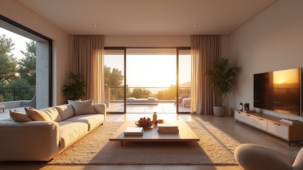 Luxury Costa del Sol living room with sunset and terrace, showcasing bevaring flora fauna Costa del Sol potential.