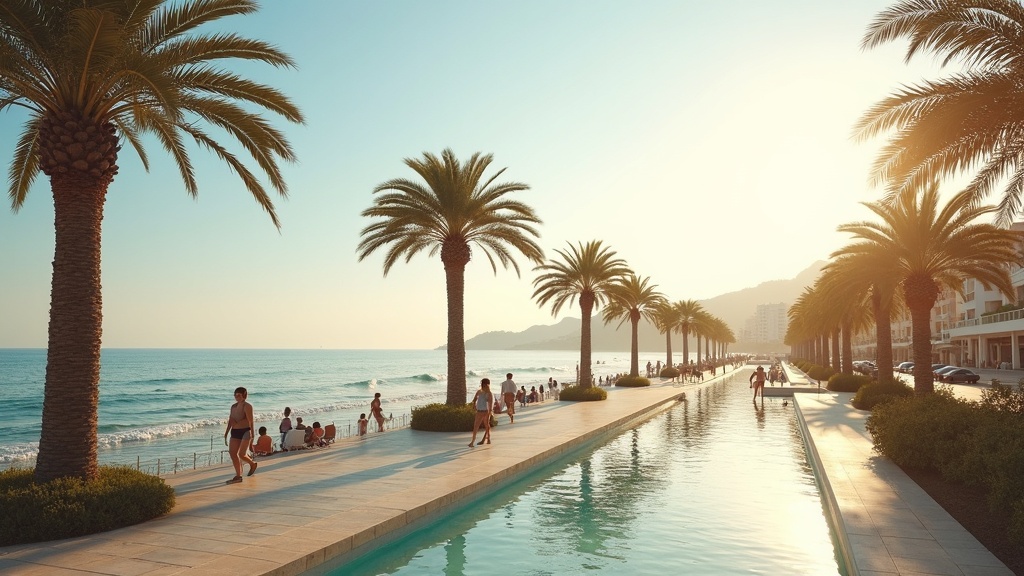 Golden morning on Costa del Sol beach with palm trees; experience the lifestyle behind "deposito de reserva meaning."