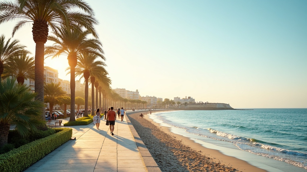 Klimat Costa del Sol: Słoneczna promenada z palmami i ludźmi, spacerującymi brzegiem morza, symbol życia na Costa del Sol.